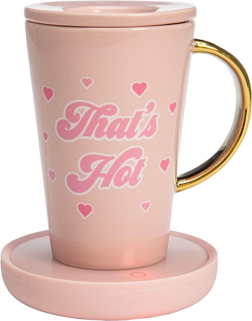 Paris Hilton Electric Mug Warmer Set, Electric Gravity Mug Warmer with 14-Ounce Ceramic Coffee Mug with Lid, Heat Sensitive Color Changing Design, Auto-Shut Off, 3-Piece Set, Pink and Gold