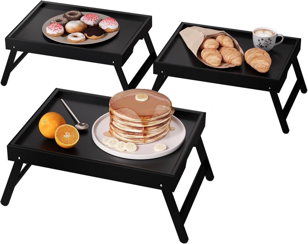 VERTORGAN 3 Pack Bamboo Bed Tray Table with Folding Legs, Breakfast Trays, Serving Tray, Laptop Tray for Working, Food Snack Tray for Bed and Sofa(Black)