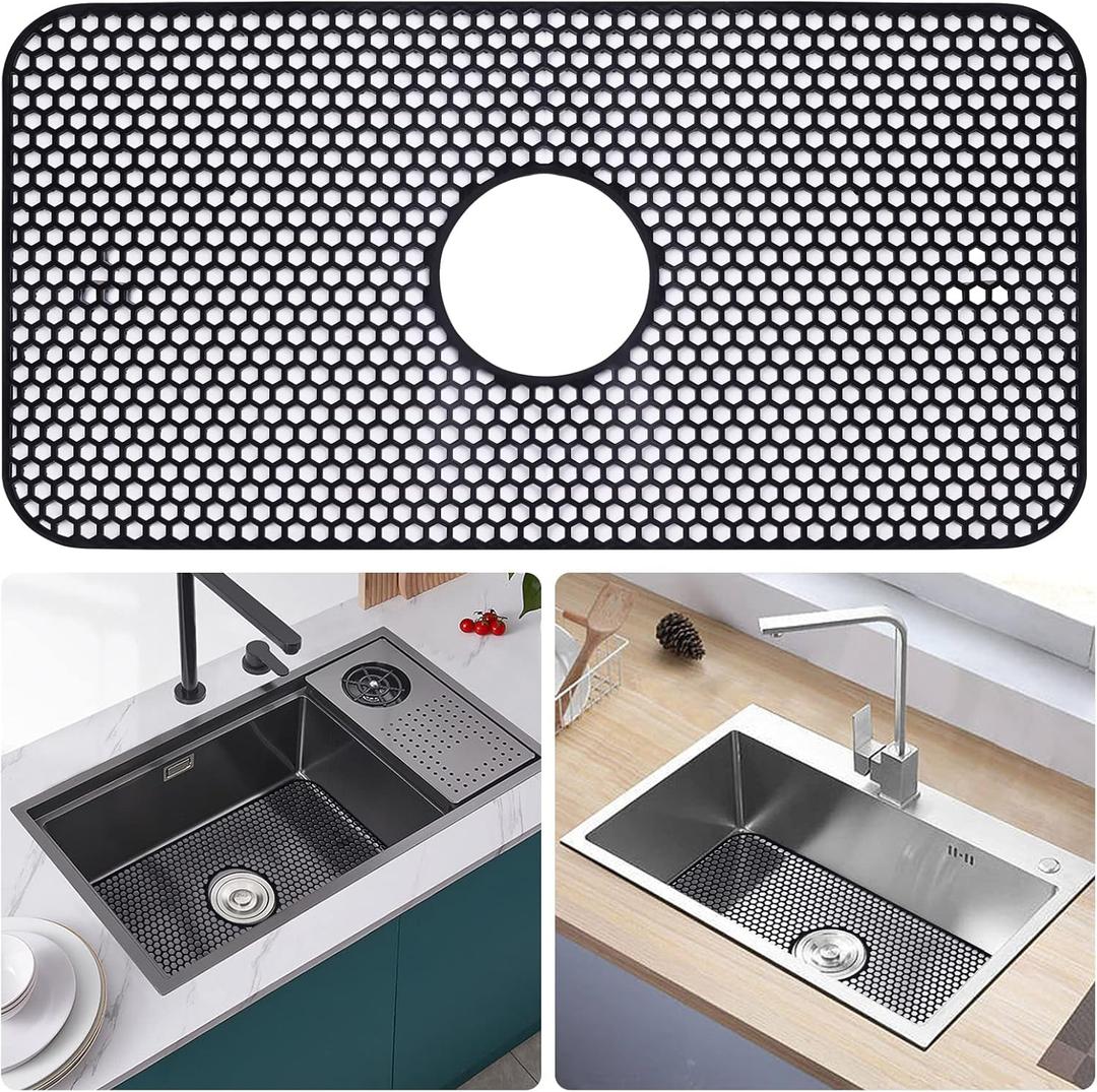LONGFITE Sink Protector Mat 24.8"x 13" Silicone Farmhouse Kitchen Single Sink Mat Draining Heat Proof Mat with Center Drain