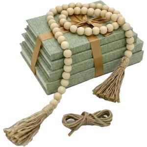 Decorative Books for Home Decor-Set of 4 Real Linen Decorative Books, Stacked Books with Wood Bead Garland, Jute Twine & Satin Ribbon, Neutral Modern Farmhouse & Boho Shelf Decor (Sage)