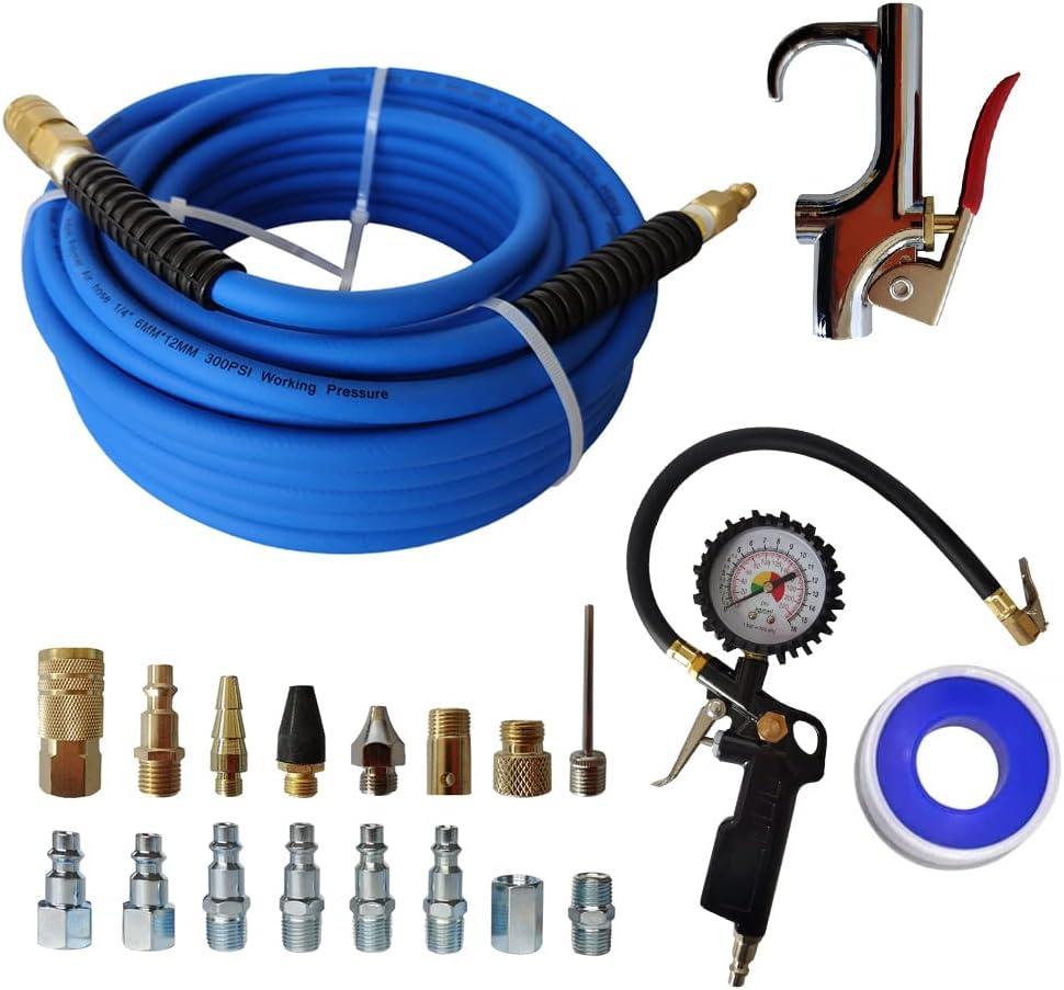 Abakoo 20 Pieces Air Compressor Accessory Kit, 1/4" x 50 Feet Hybrid Air Hose, 1/4" NPT Air Tool Kit with Tire Inflator Gauge, Blow Gun and Air Hose Fittings