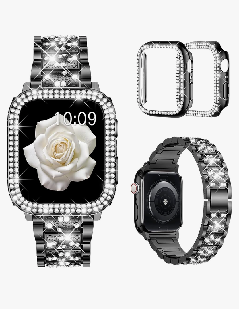 Mosonio Compatible with Apple Watch Band 38mm 40mm 41mm 42mm 44mm 45mm 46mm 49mm with 2 Pack Case Women, Jewelry Replacement Metal Bands Strap with Bling PC Protective Case for iWatch Ultra SE Series 11/10/9/8/7/6/5/4/3/2/1