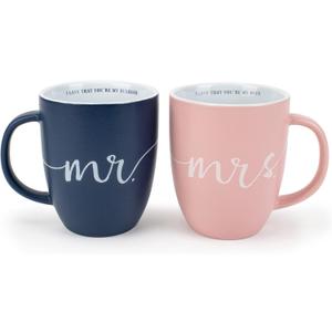 Lighthouse Christian Products Mr and Mrs Blue and Pink 13 ounce Ceramic Coffee Mugs Set of 2