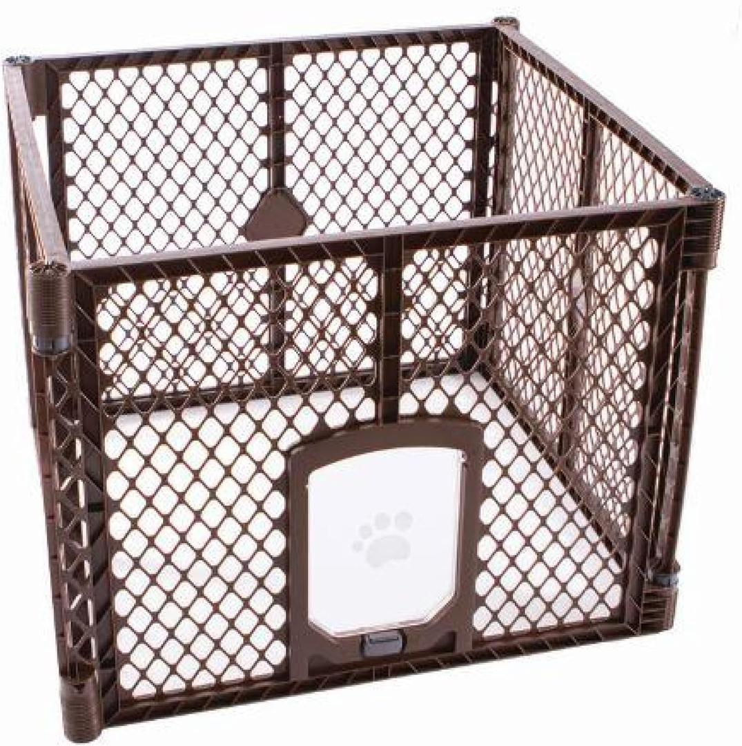 MyPet North States Petyard Passage: 4-Panel Folding Dog Playpen Indoor or Outdoor. 7 sq. ft. Puppy Playpen, Lockable Pet Door. Freestanding Play Pen Dog Gate. Made in USA. 26" Tall, Brown