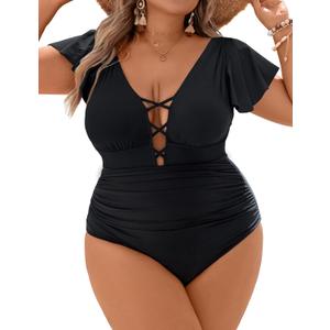 Blooming Jelly Women's Plus Size One Piece Swimsuit Tummy Control Bathing Suit Crisscross V Neck Sexy Swimwear (4X-Large, Black)