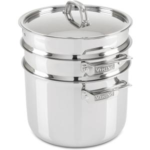 Viking 3-Ply Stainless Steel Pasta Pot with Lid, 8 Quart, 4 Piece Multipot Kitchen Cookware, Includes Pasta Insert and Steamer Basket, Dishwasher and Oven Safe, Induction Ready, Silver