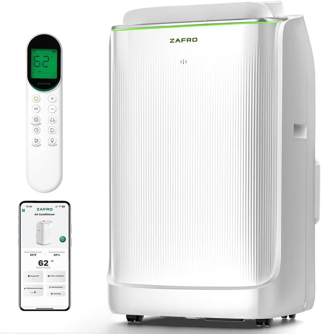 ZAFRO 16,000 BTU (12,000 BTU SACC) Portable Air Conditioners, Ultra Quiet(42dB) Dual Duct Smart AC with Drainage-free Cooling/24Hrs Timer/APP/Remote/Cool, Fan & Dehumidifier Modes for Indoor Rooms (White)
