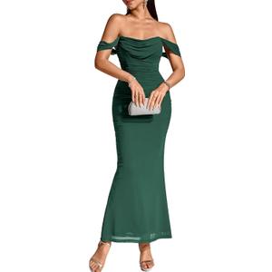 KUTUMAI Off The Shoulder Maxi Long Dress Corset Ruched Bodycon Cocktail Formal Wedding Guest Dresses for Women (Green, S)