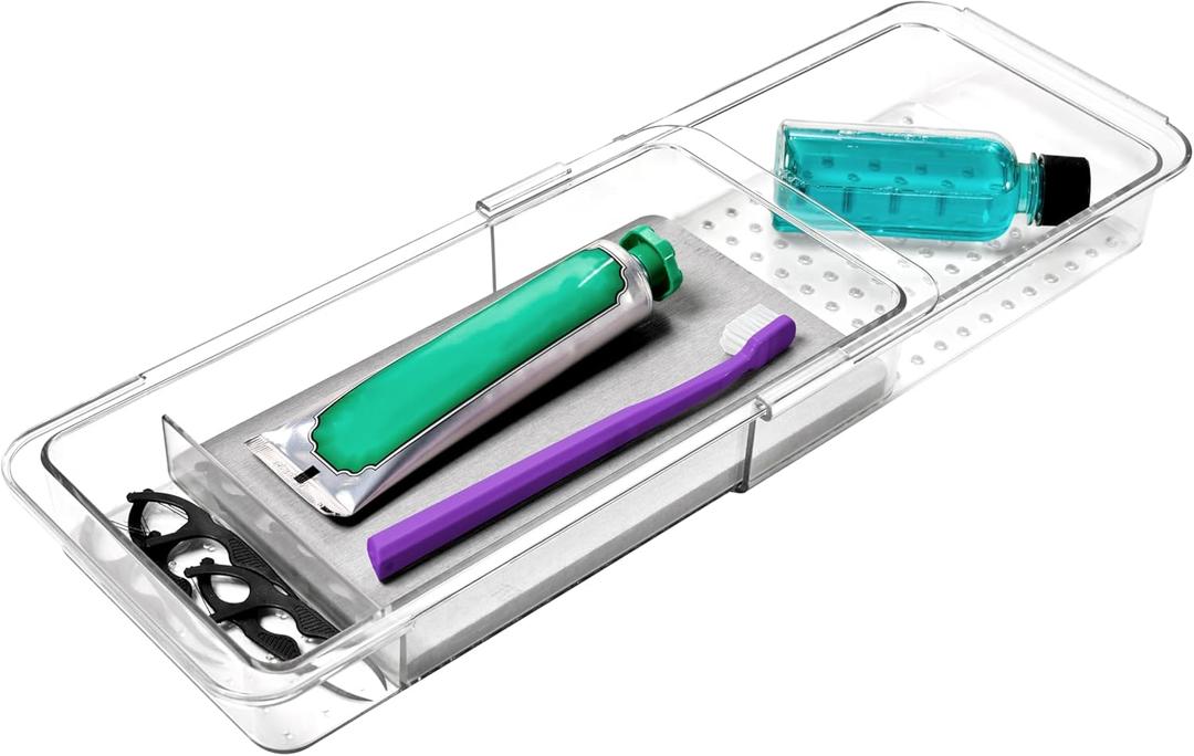 madesmart Expandable Dental Tray Drawer Organizer with Drying Stone, Clear Plastic Drawer Organizer for Toothbrush, Dental Floss, Water Flosser, Mouthwash