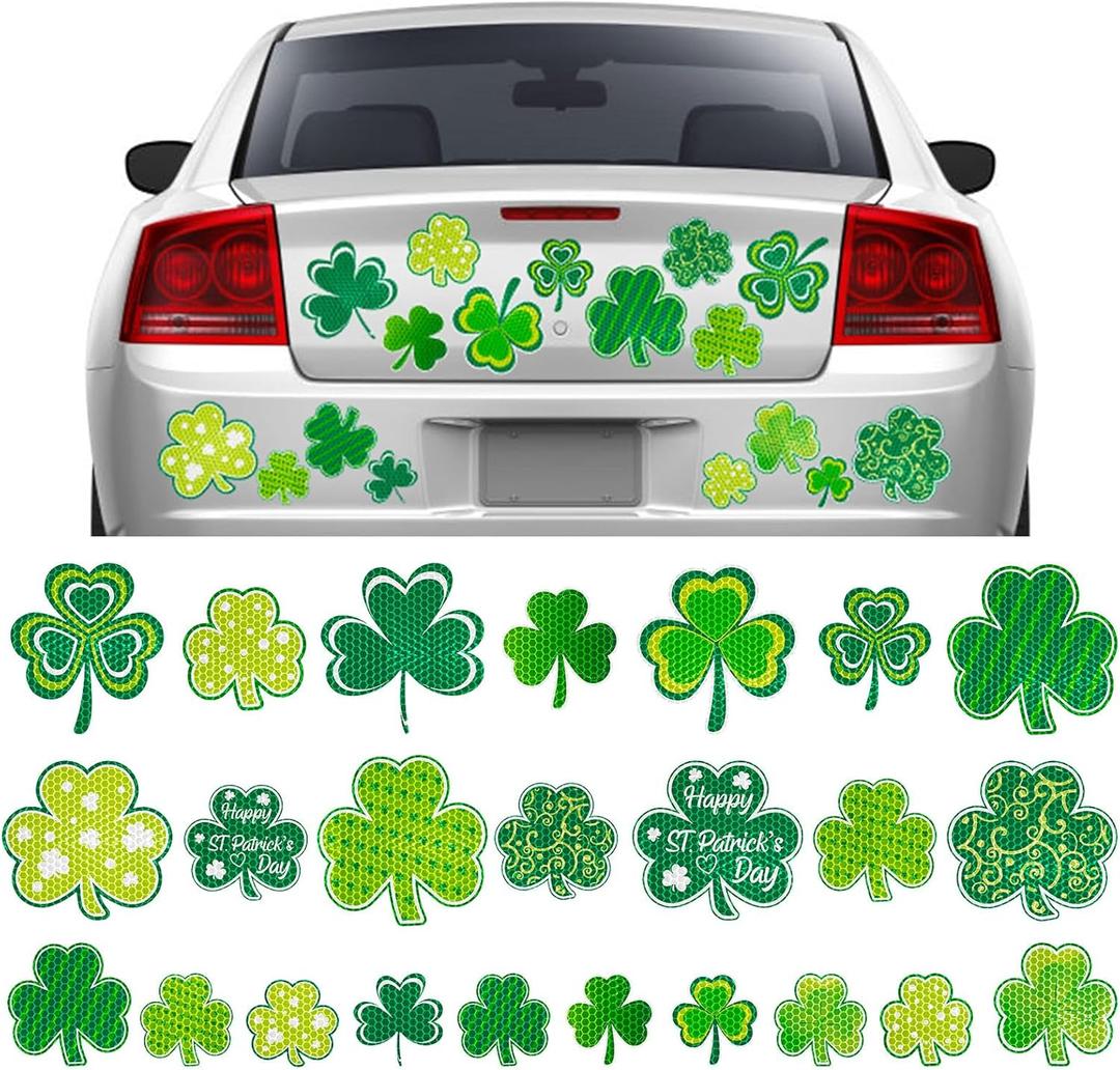 24Pcs St. Patrick's Day Reflective Car Magnets Green Shamrock Magnetic Stickers Clover Garage Magnet Decals for Irish Holiday Decor (Not for Aluminum Alloy Vehicle)