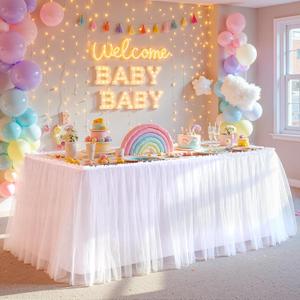 PARTISKY 17FT Length White Tulle Table Skirt for Rectangle Tables 2-Layer Ruffle Tulle Tutu Cloth Desk Table Skirt for Baby Shower Girl Birthday Party Wedding Cake Dessert Decorations