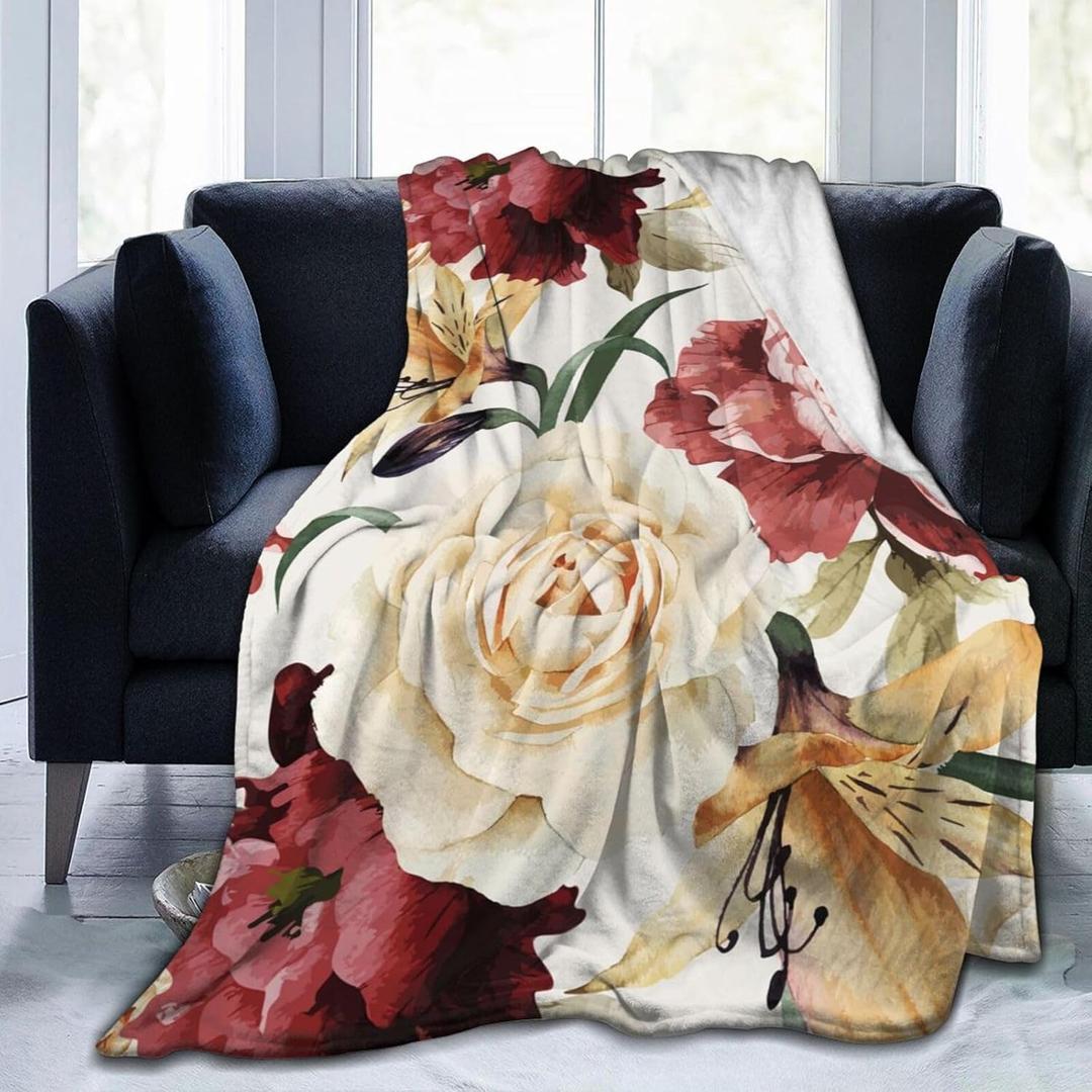 Roses Watercolor Floral Bed Blanket Ultra Soft Throw Blanket All Season Warm Light Weight Cozy Plush Blankets for Home Bedroom Sofa Chair Travel, 60"X80"