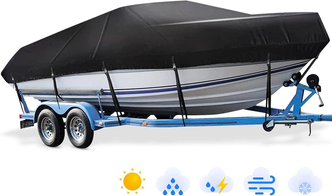 Mancro Trailerable Boat Cover 20-22ft Waterproof Heavy Duty Boat Cover, UV Resistant Marine Grade Canvas Outboard Cover Fits Bass Boat, Bayliner Tri-Hull V-Hull Fishing Runabout Boat, Black (Length:20'-22' Beam width: up to 102")