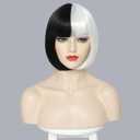Black and White Bob Wig With Bangs Cruella Deville Costume for Women Cosplay Short White and Black Bob Wigs Straight Bob Bangs Wig 10 Inch Natural Looking For Daily Party Use
