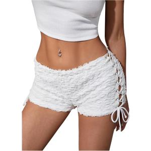 RoseSeek Women's Drawstring Lace Up Frill Drop Waist Shorts Skinny Y2k Summer Mini Shorts (White)