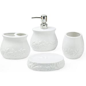 Ceramic Embossed Leaves Bathroom Accessories Set, 4 Piece Bathroom Ensemble Set with Toothbrush Holder, Toothbrush Cup, Soap Dispenser, Soap Dish (White)