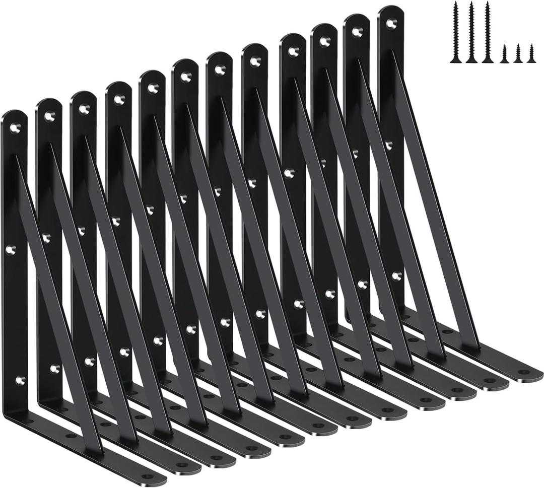 12 Pack L8 x H 6" Black Heavy Duty Shelf Brackets with Screws Metal Shelf Brackets Shelf Support Angle Brackets for Shelves L Brackets Heavy Duty Floating Shelf