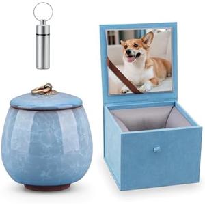 Mini Pet Urn, Small Pet Memorial Urn Handmade Ceramic Pet Urn Suitable for Home or Office Urn with Delicate Box - Blue (Blue)