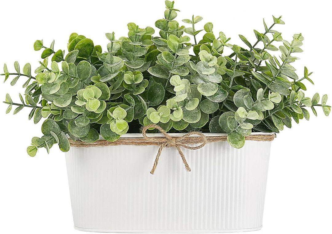 Dahey Fake Eucalyptus Plants Indoor for Farmhouse Home Decor Artificial Faux Plants in Rustic Rectangular Pots Table Centerpiece for Bathroom Office Living Room Shelf Laundry Decor, 7" L x 4" H