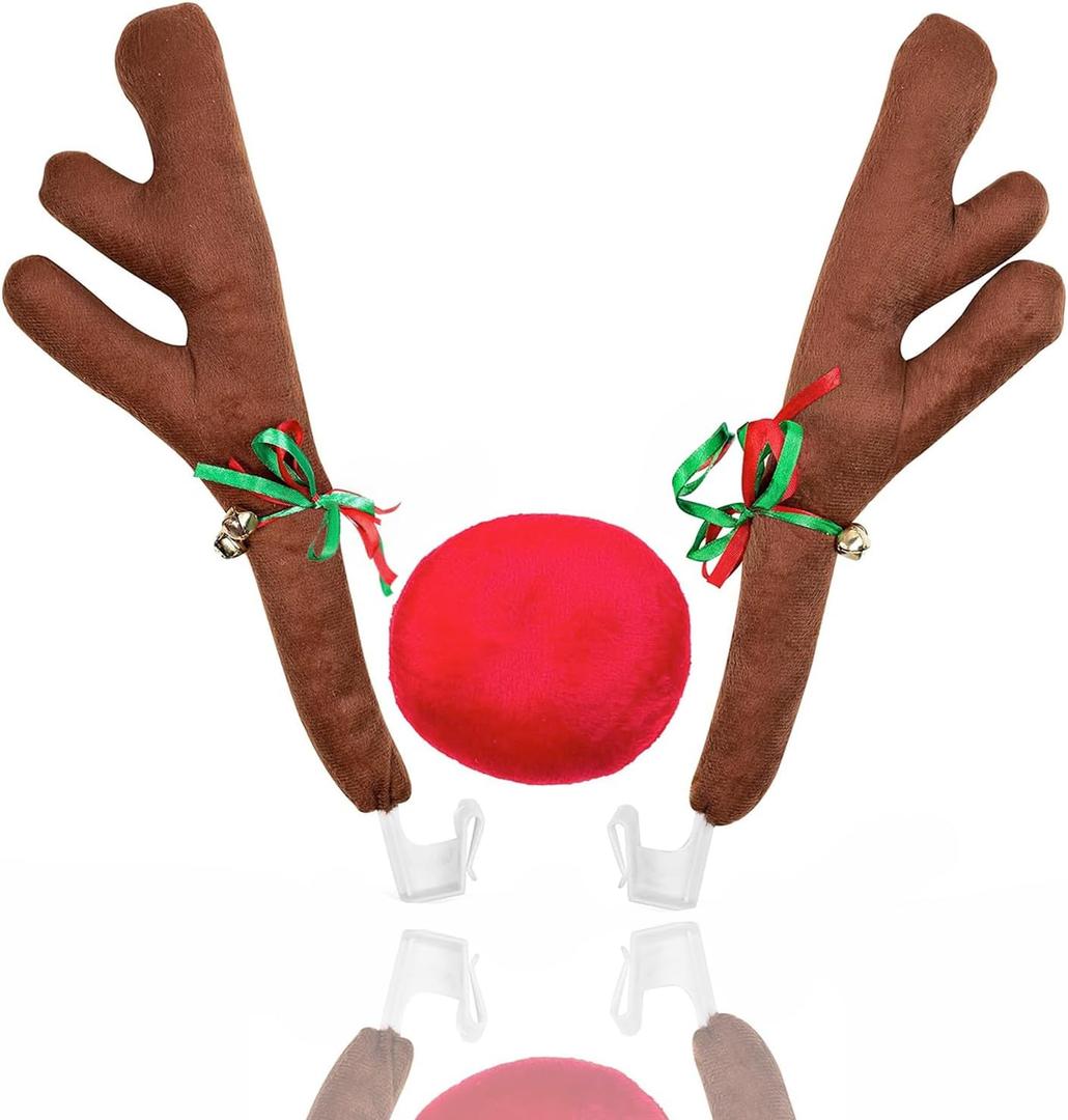 Vaygway Reindeer Antlers and Nose Set for Christmas Car Decorations Kit with Reindeer Antler- Xmas Jingle Bells & Nose for Car Christmas Costume Accessory Perfect for Holidays