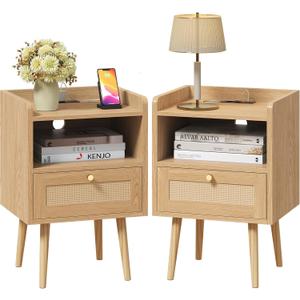 MECHYIN Night Stand Set 2, Nightstands Set of 2 with Charging Station, Rattan Side Tables with Solid Wood Legs, Boho Bedside End Table for Apartment Bedroom Dorm Small Space - Natural, 11.8"d X 15.9"w X 23.4"h