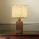 18in Farmhouse Traditional Natural Brown Solid Wood Base Table Lamp with Beige Fabric Shade for Bedroom Living Room
