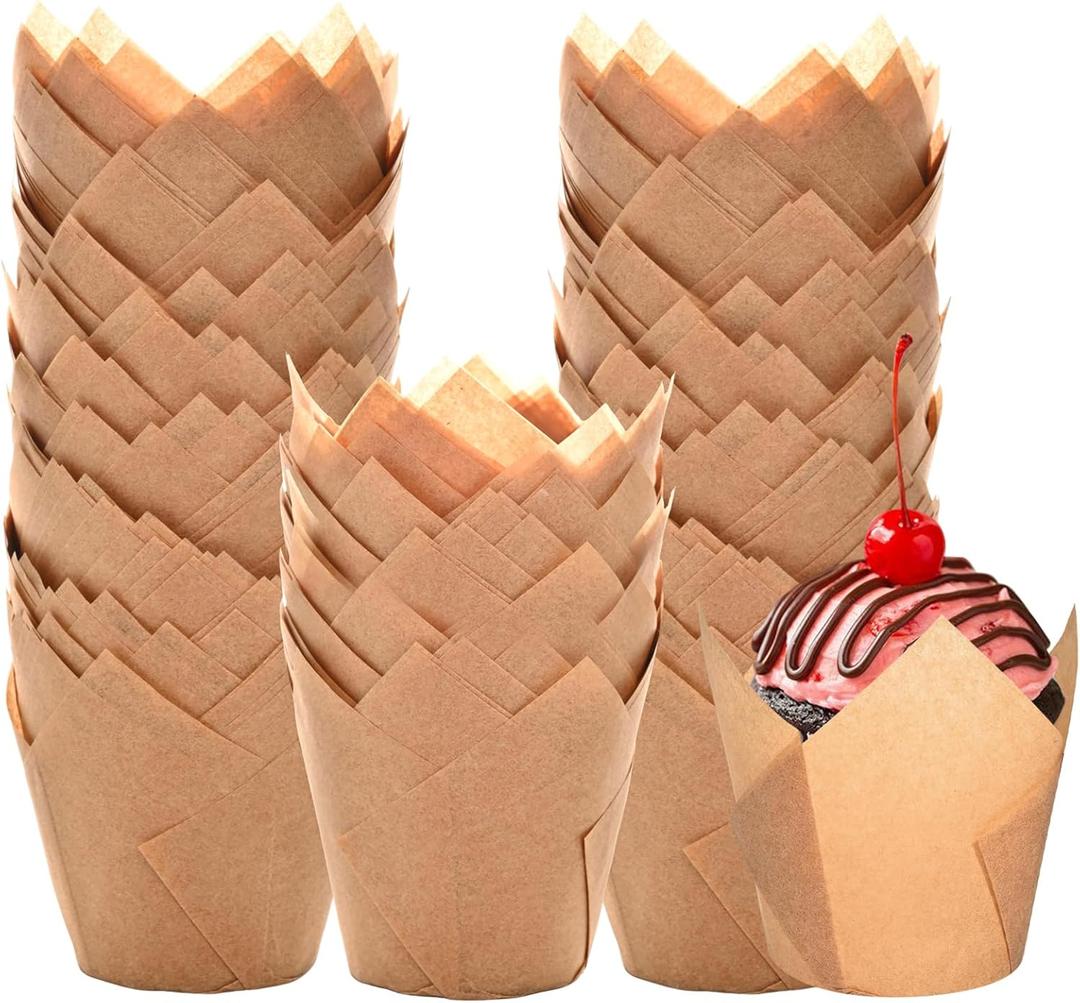 Natural Tulip Cupcake Liners for Baking 200 Cups, Unbleached Parchment paper Muffin Liners, Upgraded Standard Cupcake Wrappers, Greaseproof Cup Cake Liner, Easy to Use in Party, Birthday, Christmas