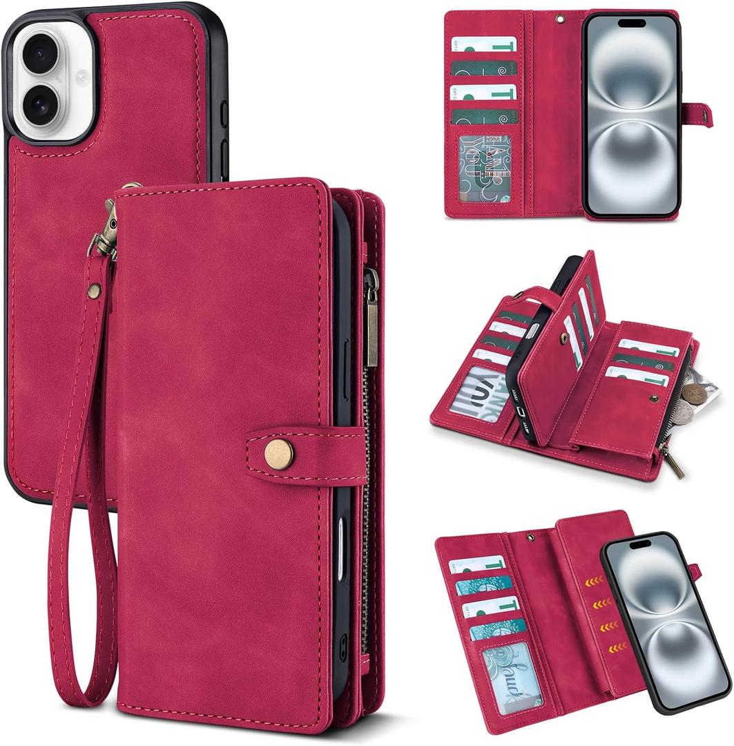 TwoHead Wallet Case Compatible with iPhone 16,Detachable Magnetic Phone Case,PU Leather All-Round Protective Cover Wallet with Card Holder/Change Pocket,6.1 in,Wine Red