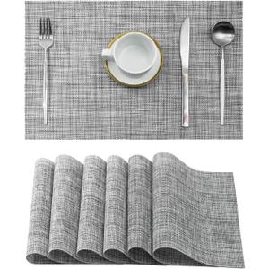 Leetaltree Linen Grey Placemats Set of 6 - Heat Resistant Non-Slip Place mats for Dining Table, Washable Durable PVC Vinyl Woven Table MatsLinen Grey, 6