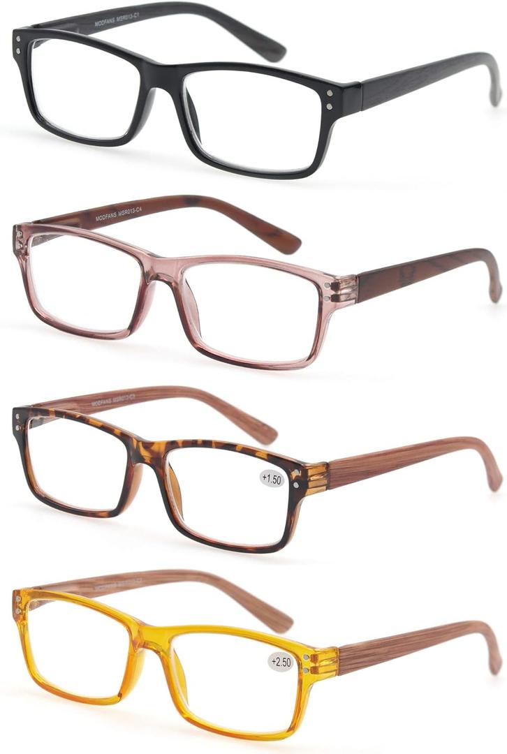 MODFANS 4 Pack Reading Glasses Fashion Wood-Look Spring Hinges Stylish Readers Men Women