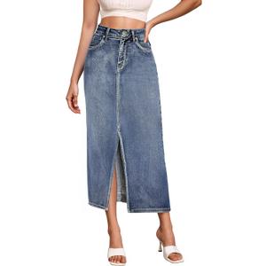Hybrid & Company Women's Long Denim Skirt Stretch Jean Skirt for Office and Casual Wear (Blue, S)