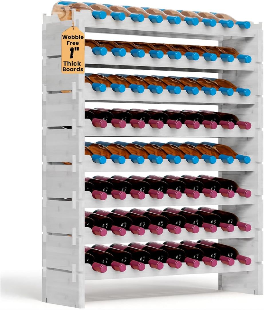 NutriChef 72 Bottle Wine Rack Stackable Bamboo Freestanding, 8-Tier Modular Shelf, Sturdy Wobble Free, Upgraded 2026 Design, Easy No-Tool Assembly for Kitchen, Cellar or Bar 33.5" x 10" x 41" (White)