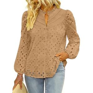 BETTE BOUTIK Women's Long Short Sleeve Tops 2025 Dressy Casual Button Hollow Out Lace Embroidered Blouses Shirts Size M