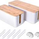2 Pack Large Cable Management Box – Wooden Style Cord Organizer and Cover for TV Wires, Computer, Router, USB Hub and Under Desk Power Strip – Safe ABS Material and BabyPets Proof Lock (White)