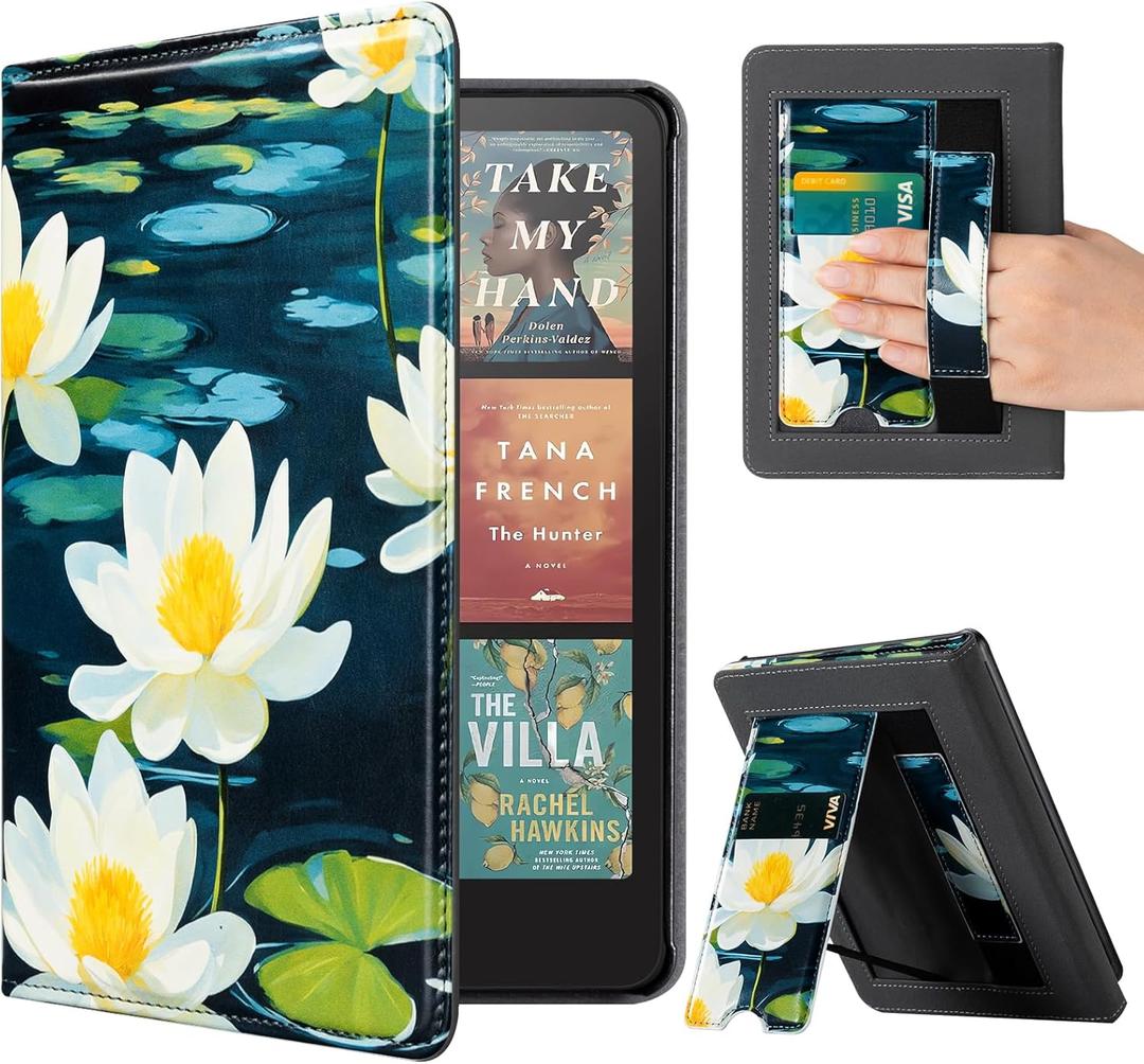 CoBak Stand Case for 7" Kindle Paperwhite 12th Gen 2024 and Kindle Colorsoft with Hand Strap - Compatible with iPhone MagSafe, for Samsung/Belkin/Anker Wireless Charging Pads, Durable, Auto Sleep Wake (Lotus Flower)