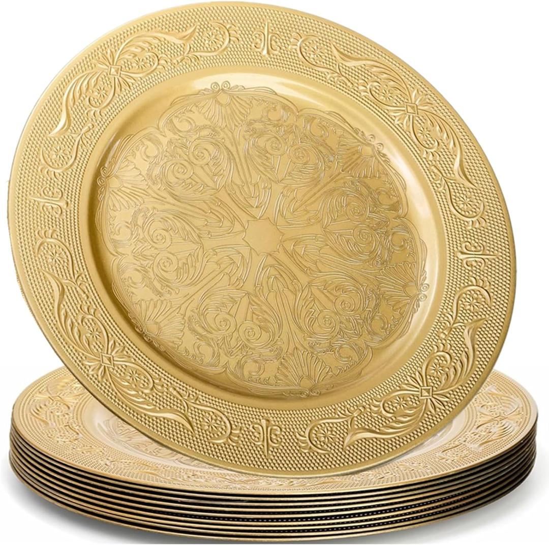12 Pack Gold Charger Plate, 13 Inch Heavy Weight Charger Plates for Dinner, Reusable Plastic Embossed Table Chargers for Wedding, Christmas,Thanksgiving, Birthday, Holiday Tabletop Decor