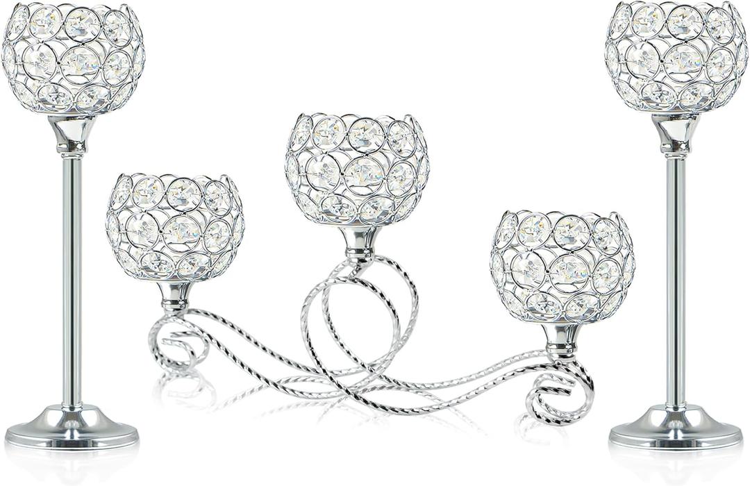 Silver 5 Arm Metal Crystal Tea Light Candle Holder, Elegant Wedding Table Centerpiece Candle Holder, Christmas Wishing Crystal Bowl Candle Holder Suitable for Wedding Party Living Room Decoration (Set of 3)