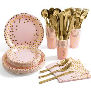 HOMIX Pink and Gold Party Supplies, Disposable 175Pcs Gold Dots on Pink Paper Plates Cups and Napkins, Gold Plastic Knives Spoons Forks for Baby Shower Wedding Party Bridal Shower Serves 25