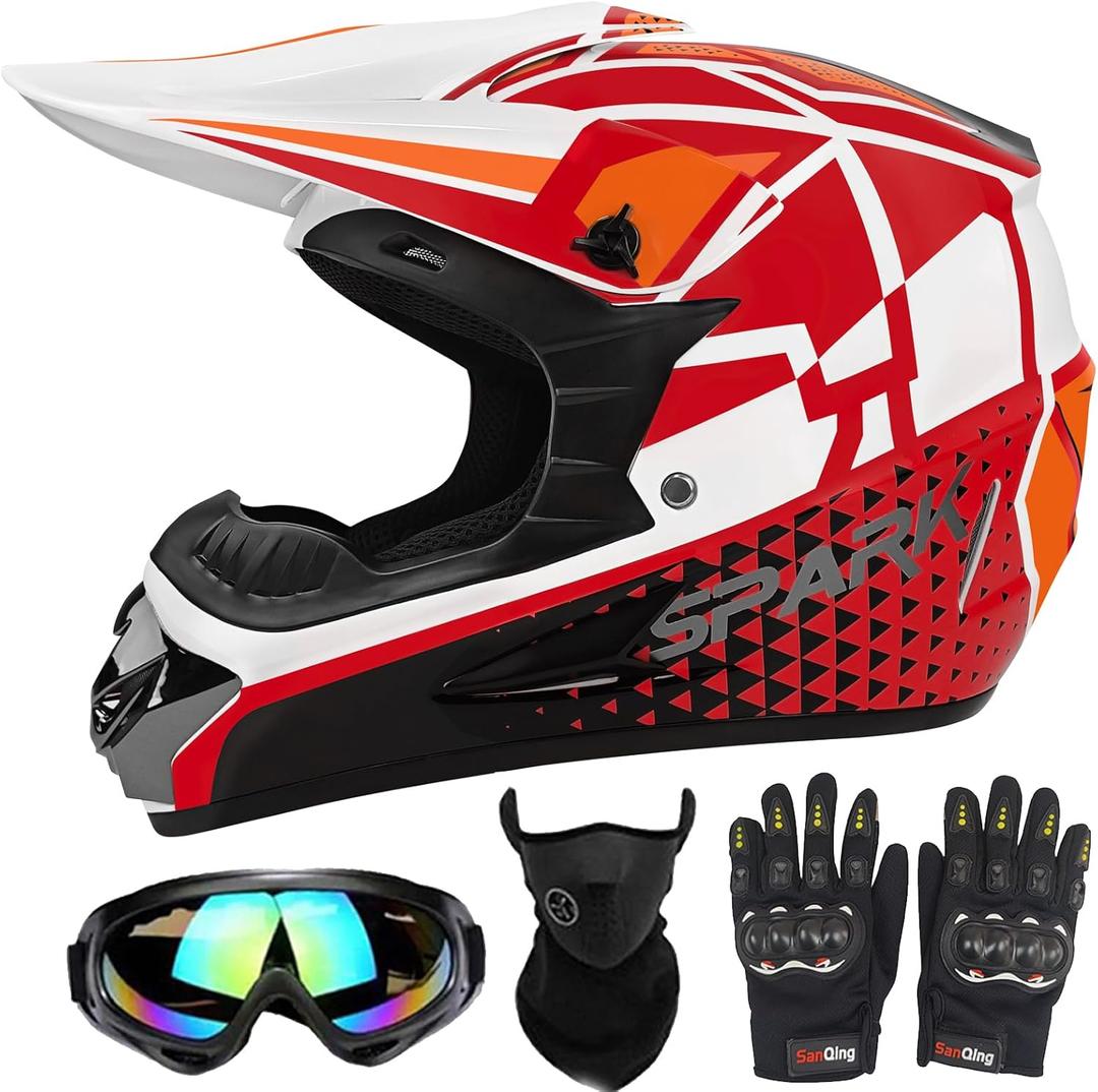 Motocross Helmet, Adult ATV Helmet, Youth Dirt Bike Helmet, Off-Road Motorcycle BMX Mountain Bike Casco with(Gloves Goggles Mask) 4Pcs Set - DOT Approved (W-Red, Large)