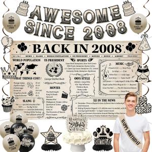 Holkcog 18th Birthday Decorations Kit for Boys, Vintage 25PCS Back In 2008 Backdrop Decor, Banner Cake TopperBalloons for 18th Boys Girls, Awesome Since 2008 Party Supplies, 18 Year Old Girls Gifts