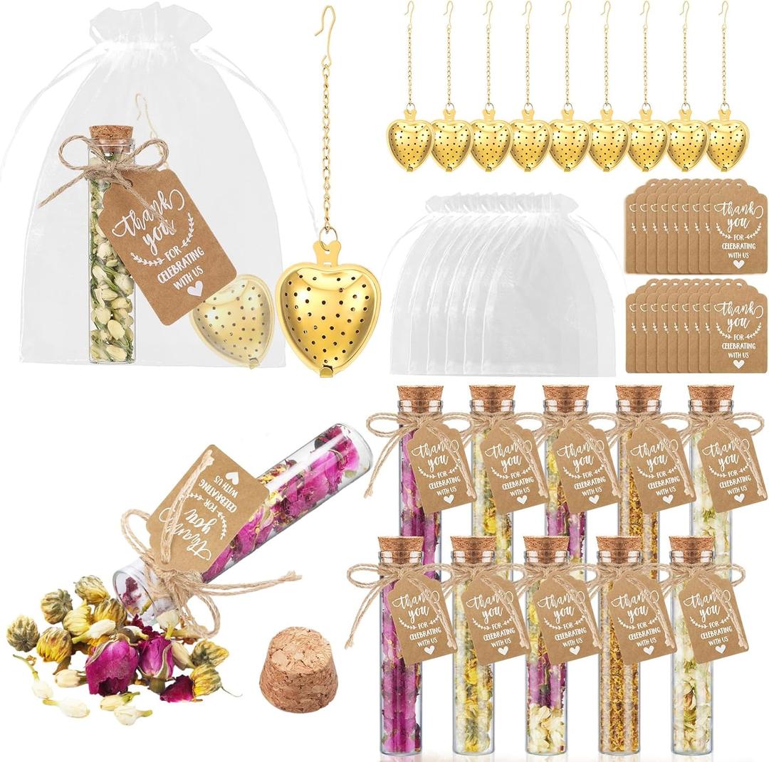 Mimorou 12 Sets Tea Party Favors Tea Party Decorations Bulk for Guests Include Heart Shaped Infuser Glass Jar Thank You Gift Tag Drawstring Organza Bag for Wedding Bridal Shower Souvenir