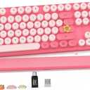 Wireless Keyboard, Round Keycaps, Retro Typewriter Keyboard with Detachable Wrist Rest, Sleep Mode, Foldable Legs, 2.4GHz Full-size Cordless Computer Keyboard for Windows/PC/Laptop (Colorful-Pink)