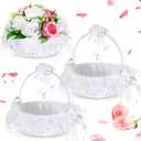 Honeydak 3 Pcs 9 Inch Wedding Flower Girl Baskets with Foldable Handle, Satin Lace Bowknot Baskets for Wedding Flower Girl (White)