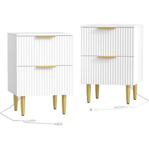 White Nightstand Set of 2, Fluted Night Stand with Charging Station, 13.8" D x 15" W x 23.2" H, 2 Drawers Modern Bedside Table with USB Ports and Outlets, Golden Side Table for Bedroom