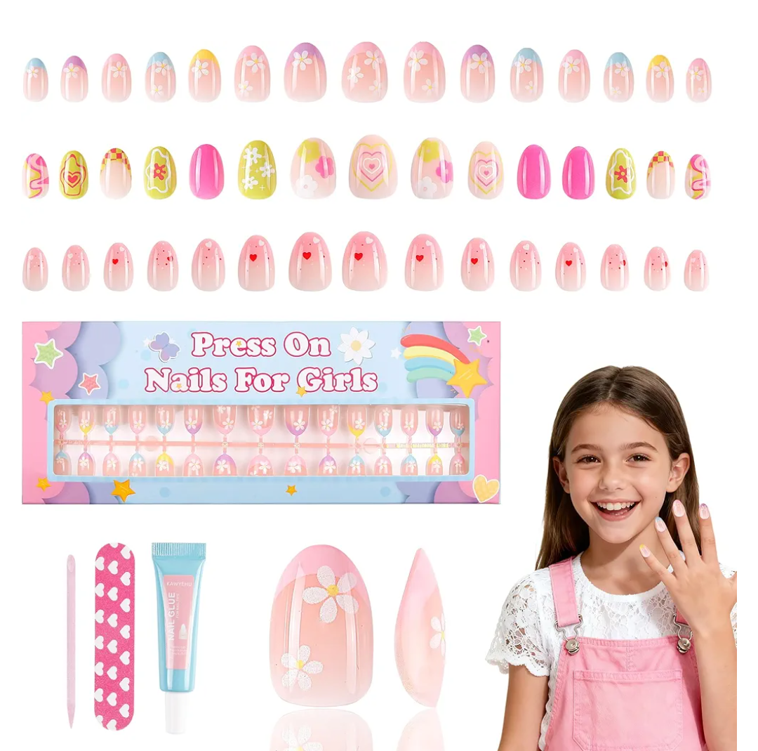 90 Pieces Press on Nails for Kids, Kawyehu 3 Pack Nails for Kids Colorful Press on Nails for Girls 8-12 Years with Glue, Almond Fake Nail Kit for 9 10 11 12 Year Old, Flower