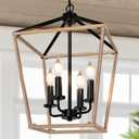Farmhouse Chandelier 4-Light, Oak Wood Pendant Light Fixture for Kitchen Island Dining Room, Lantern Industrial Lighting Ceiling Hanging with Metal Cage Adjustable Height for Entryway Foyer