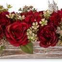 Flower Arrangement with Wooden Vase 14" Artificial Flowers in Pot - Fake Flowers Roses Peonies Hydrangeas in Wooden Vase Potted Artificial Flower Centerpieces for Table Decor Living Room - Red