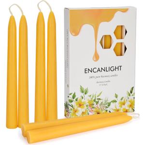 8 inch Beeswax Taper Candles, Natural Pure Bees Wax Candlesticks 6 Pack of 8 Hour Long Burning Time - Unscented, Smokeless and Dripless for Home Decor, Party, Dinner (Yellow)