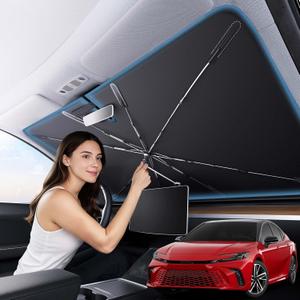 Zanch 2025 Upgraded Car Windshield Sun Shade [Cool Down by 75 ] with Heat Insulation Coating, Foldable Sunshade Umbrella with Flexible Handle & Ribs, Small (29''x53'') for Compact Cars, SUVs