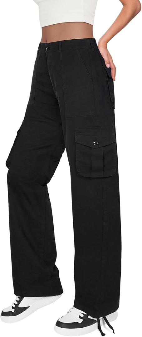 High Waist Stretch Cargo Pants Women 6 Pockets Relaxed Fit Straight Wide Leg Y2K Pants (US, Alpha, X-Large, Regular) Black